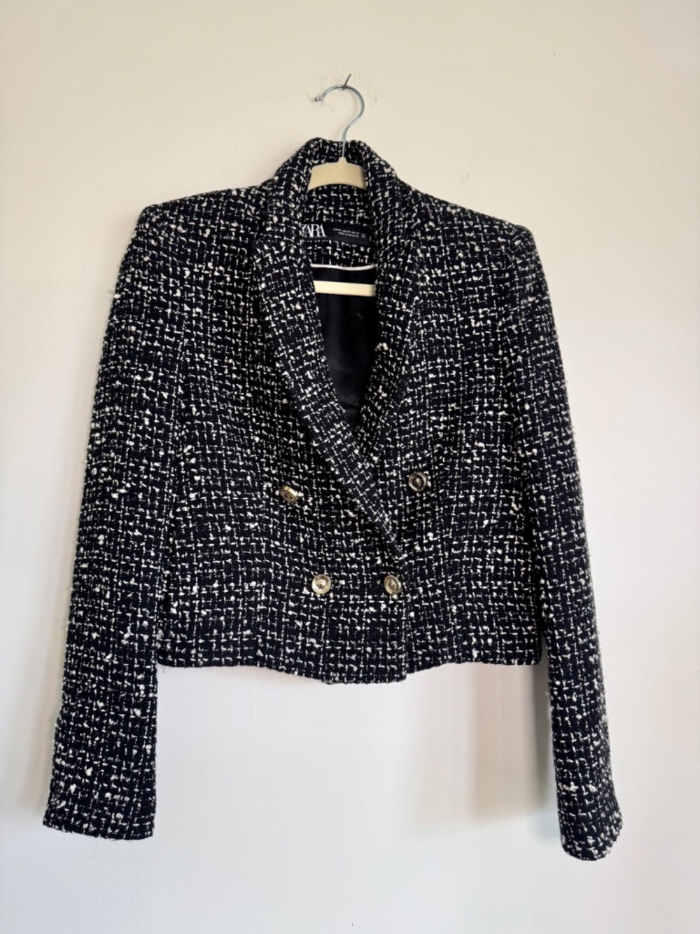 ZARA Double Breasted Black & White Crop Tweed Blazer Jacket | Size XS - Picture 2 of 8